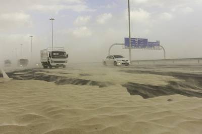 High winds drive sand across Sheikh Khalifa Bin Zayed Highway on Yas Island in Abu Dhabi on February 3, 2017. Winds were reported to have reached 75kph according to the National Centre of Meteorology & Seismology. Christopher Pike / The National