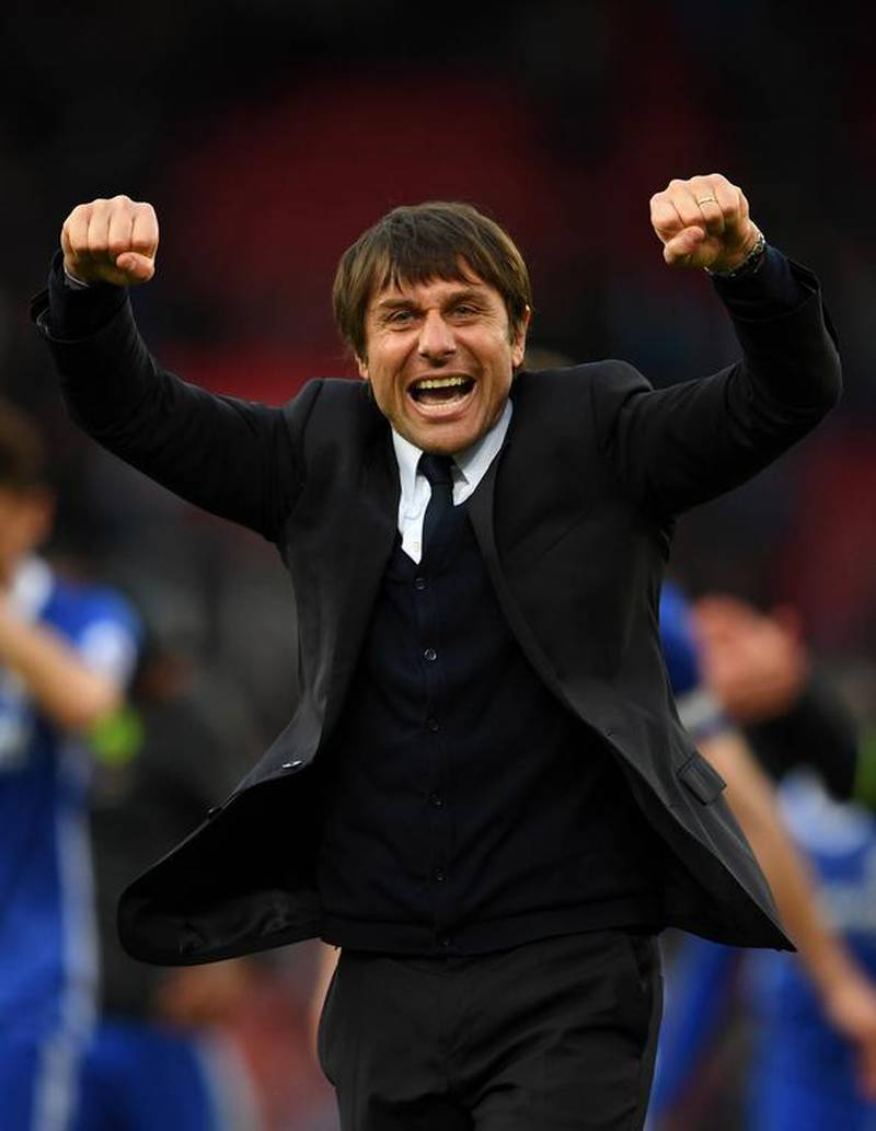 STOKE ON TRENT, ENGLAND - MARCH 18:  Antonio Conte, Manager of Chelsea celebrates after the Premier League match between Stoke City and Chelsea at Bet365 Stadium on March 18, 2017 in Stoke on Trent, England.  (Photo by Laurence Griffiths/Getty Images)