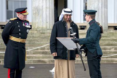 CAMBERLEY, SURREY, UNITED KINGDOM - December 11, 2020: HH Sheikh Mohamed bin Zayed Al Nahyan, Crown Prince of Abu Dhabi and Deputy Supreme Commander of the UAE Armed Forces (C), attends the Sovereign’s Parade for Commissioning Course 201, at The Royal Military Academy Sandhurst. 

( Rashed Al Mansoori / Ministry of Presidential Affairs )
---