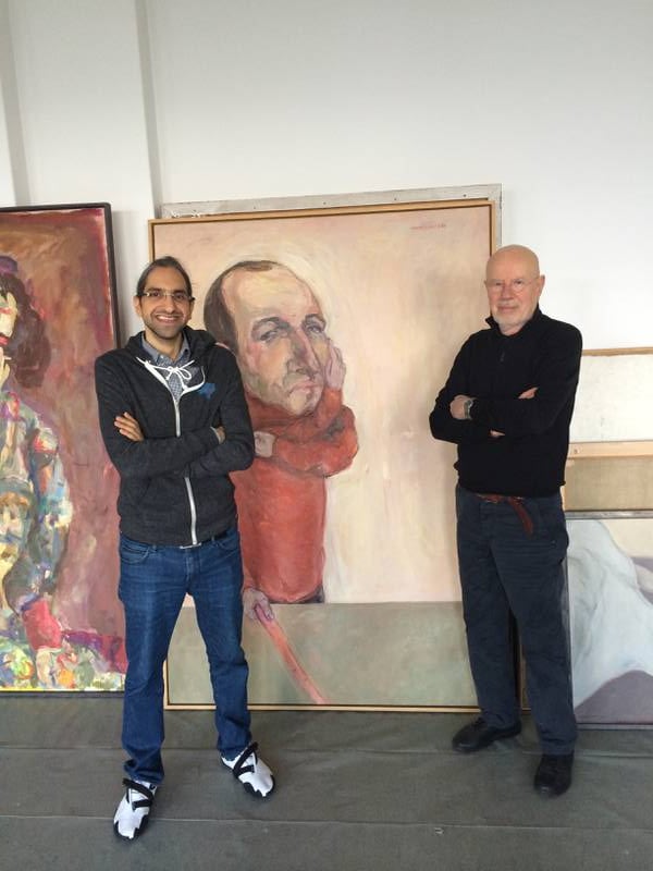 Sultan Sooud Al Qassemi and artist Marwan Kassab Bachi in Marwan's studio in Tiergarten, Germany, April 2014
Painting in the background: the Husband, 1966,
CREDIT: Courtesy Marwan Kassab Bachi