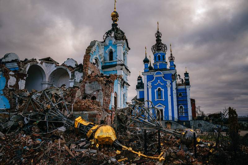 The ruins of a church in Bohorodychne, a village in Ukraine's Donetsk region that has been under attack by Russian forces. AFP