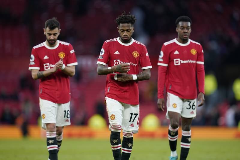 Manchester United players after the 1-1 Premier League draw with Leicester City at Old Trafford on Saturday, April 2, 2022. EPA