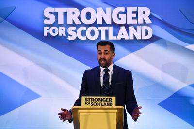 Humza Yousaf, the newly appointed leader of the Scottish National Party, speaks following the SNP Leadership election result announcement. AFP