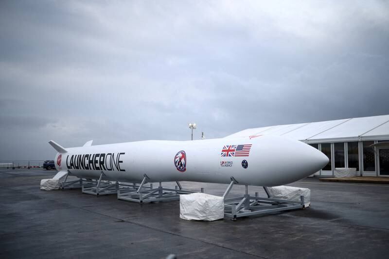 A replica of Virgin Orbit's LauncherOne rocket sits at Newquay Airport in Britain. Reuters
