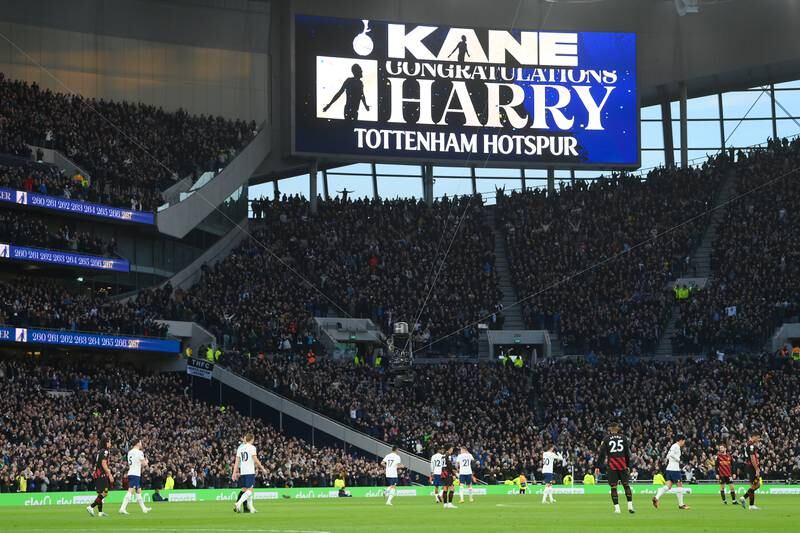 The board at Tottenham sends a message of congratulations to Harry Kane after his record-breaking 267th goal overtook the late Jimmy Greaves. Getty