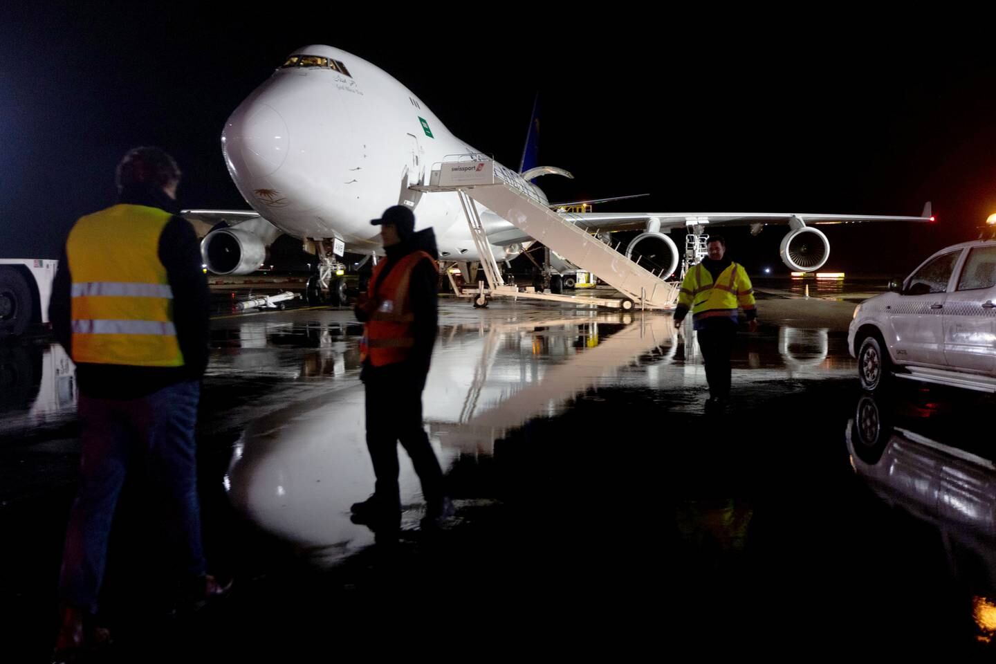 The Saudi Airlines plane on the tarmac at Stansted Aiport. Mark Chilvers / The National