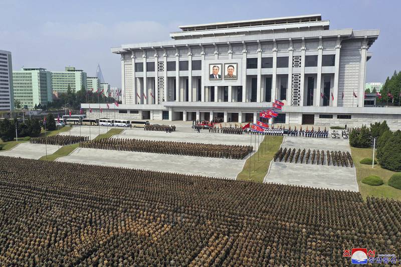 A crowd gathers for the funeral at the April 25 House of Culture in Pyongyang. AP