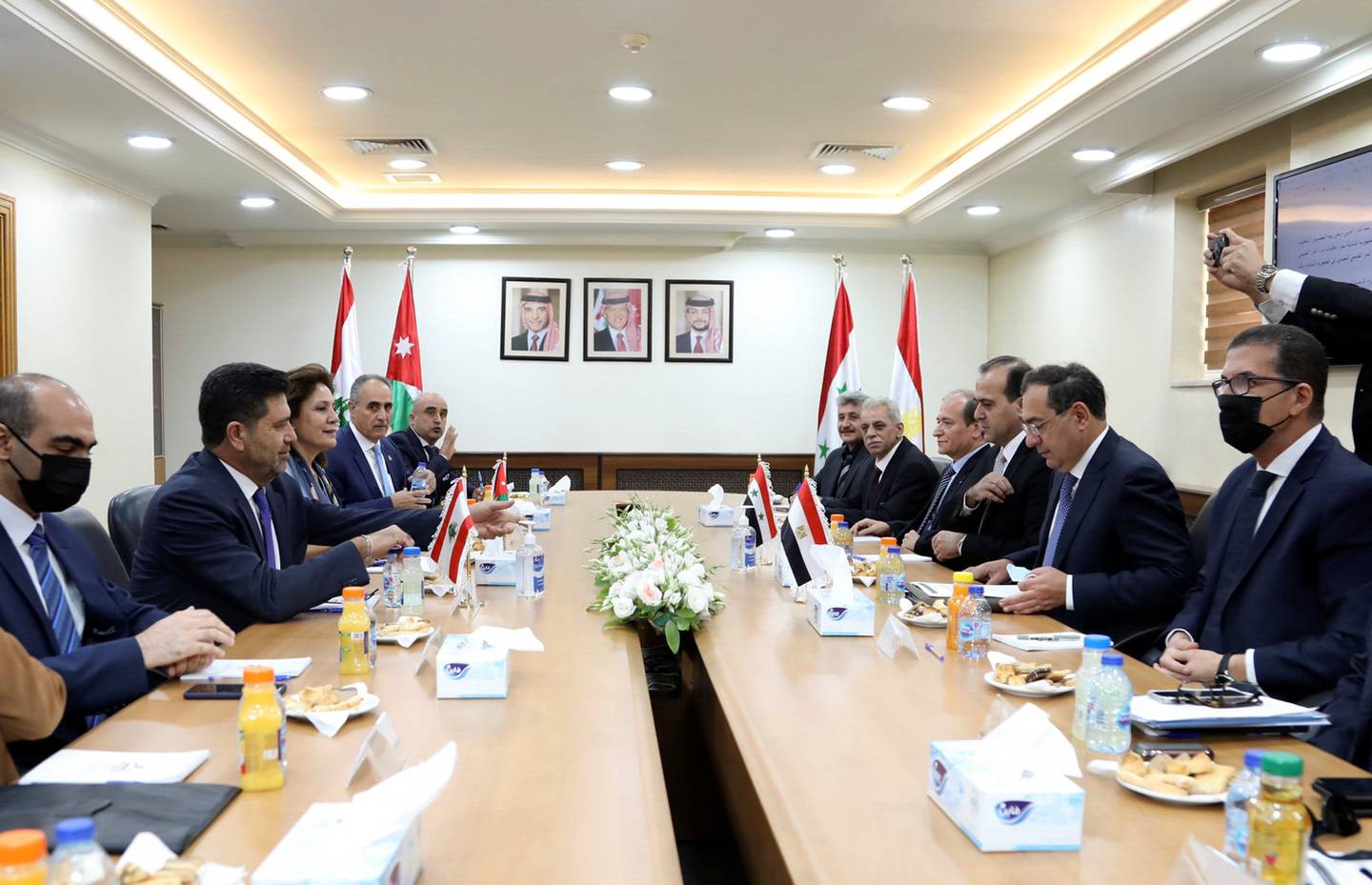 Lebanon's Energy Minister Raymond Ghajar, Jordan's Minister of Energy and Mineral Resources Hala Zawati, Syria's Minister of Oil and Mineral Resources Bassam Tohme and Egypt's Minister of Petroleum and Mineral Resources,Tarek El Molla meet in Amman, Jordan on Wednesday.  Reuters
