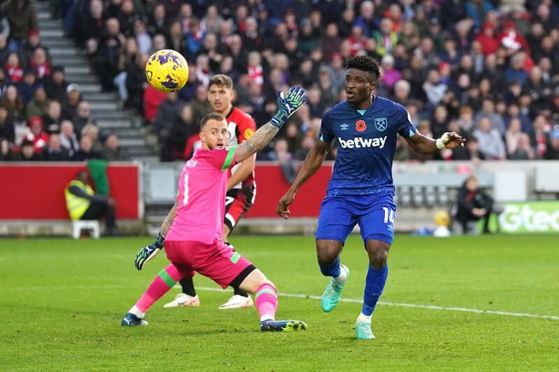 West Ham United's Mohammed Kudus sees his shot hit the post before being scored by team-mate Jarrod Bowen. PA