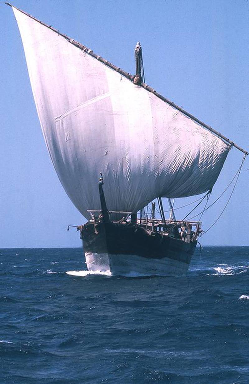 An Arabian dhow at sea in 1973. The vessel features prominently on the Dh20 note. Marion Kaplan
