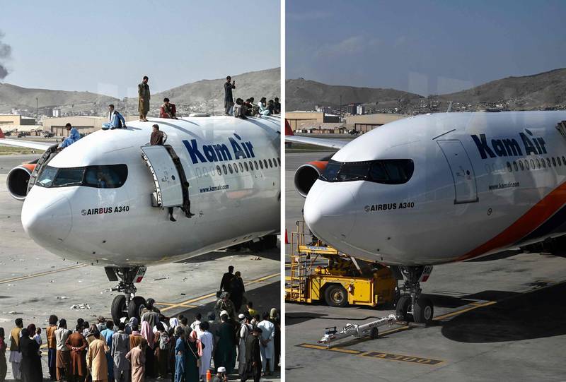 Kabul Airport at the time of the Taliban retaking the city alongside the same scene as it looks now. AFP
