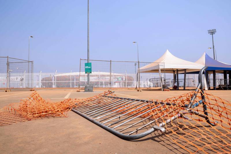 The entrance of Olembe stadium in Yaounde, Cameroon shows barriers on the ground at the scene of the stampede, on January 25.  AFP