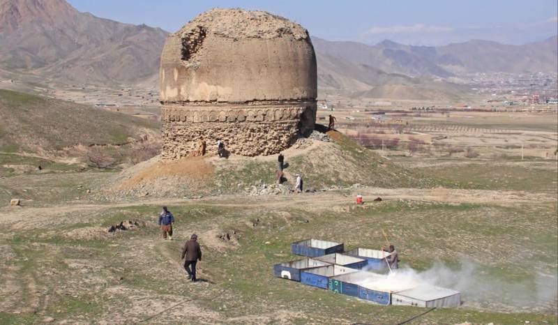 A stupa at Shewaki, Afghanistan, photographed in June 2020, that is being rehabilitated with funds from the Aliph Foundation. Work on the Shewaki site was interrupted by the coronavirus, but has now resumed. ACHCO