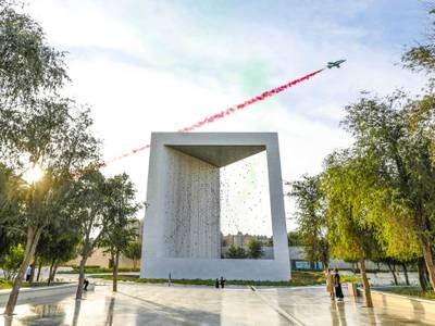Aircraft fly over The Founder's Memorial – a national tribute to the Founding Father, Sheikh Zayed – on the UAE's 50th National Day. Photo: Wam