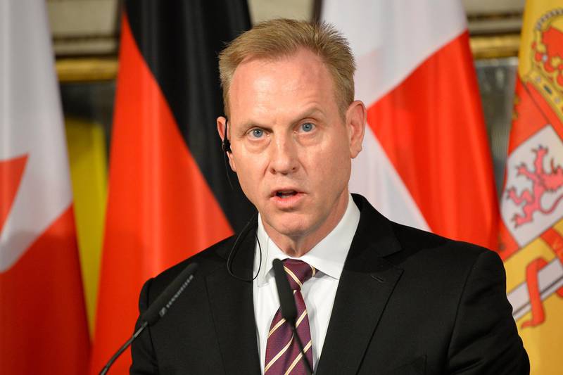 US Secretary of Defence Patrick M. Shanahan speaks during a joined statement with the German Defence Minister after the D-ISIS meeting of defence minsters at the Hotel Bayerischer Hof prior to the 55th Munich Security Conference (MSC) in Munich, southern Germany, on February 15, 2019.  The 2019 edition of the Munich Security Conference (MSC) will take place from February 15 to 17, 2019.  / AFP / THOMAS KIENZLE
