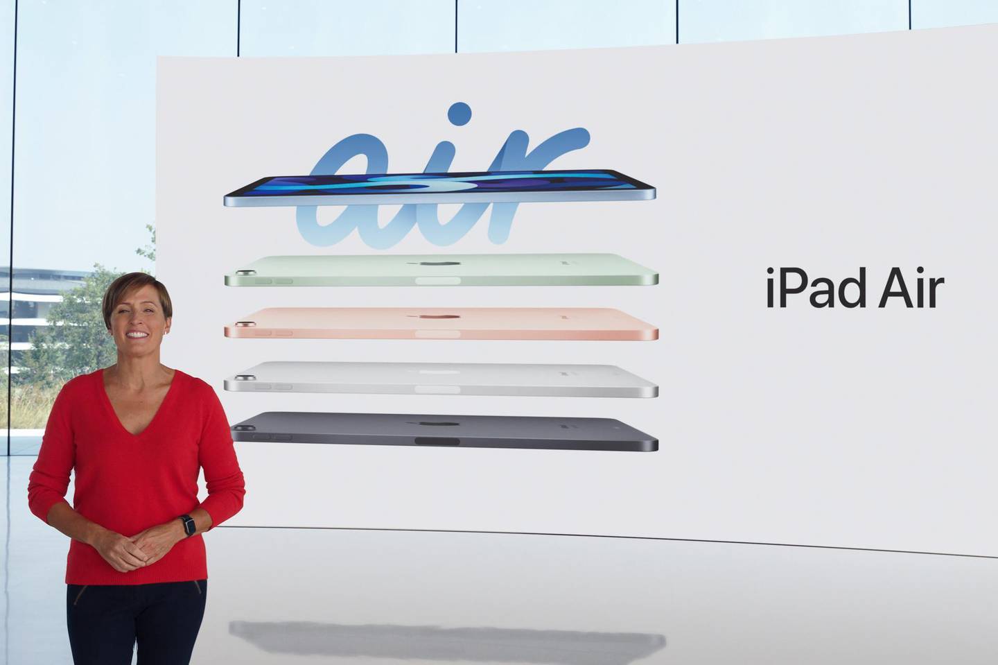 In this still image provided by Apple from the keynote video of a special event at Apple Park in Cupertino, Calif., Laura Legros, Apple's vice president of hardware engineering, unveils the all-new iPad Air on Tuesday, Sept. 15, 2020. Apple took the wraps off a new discount watch in addition to a new high-end model, a next-generation iPad and a couple new subscription services during a virtual event held Tuesday while the company puts the finishing touches on its next line-up of iPhones, its most popular and profitable device. (Apple via AP)