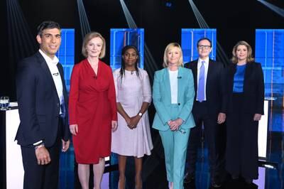 Conservative leadership candidates Mr Sunak, Ms Truss, Kemi Badenoch, presenter Julie Etchingham, Tom Tugendhat and Penny Mordaunt during 'Britain's Next Prime Minister: The ITV Debate' in London. EPA