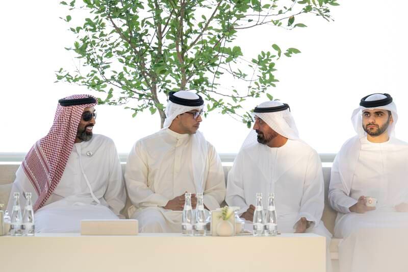 From left, Sheikh Tahnoon, Sheikh Mansour, Sheikh Ahmed bin Saeed and Sheikh Mansour bin Mohamed. Mohamed Al Hammadi / UAE Presidential Court