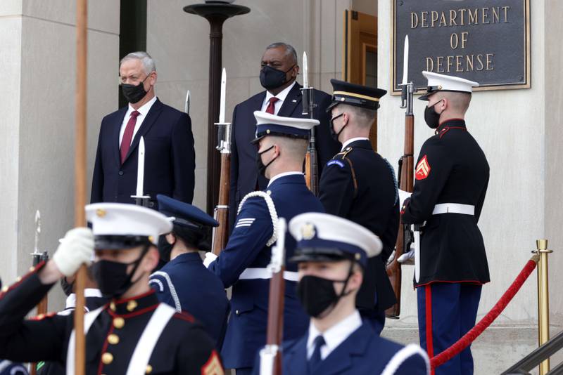 US Secretary of Defence Lloyd Austin welcomes Israeli Minister of Defence Benny Gantz during an enhanced honour cordon ceremony at the Pentagon. Getty Images / AFP