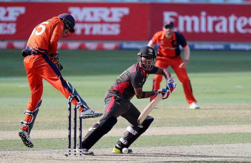 DUBAI, UNITED ARAB EMIRATES , October 29  – 2019 :- Waheed Ahmed of UAE playing a shot during the World Cup T20 Qualifier between UAE vs Netherlands held at Dubai International Cricket Stadium in Dubai.  ( Pawan Singh / The National )  For Sports. Story by Paul