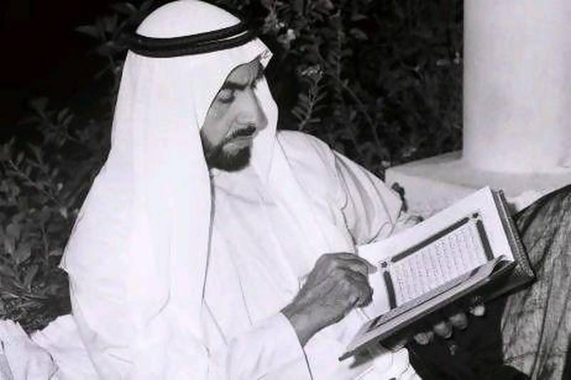 Sheikh Zayed reading the Quran during Ramadan. The announcement takes place on the anniversary of Sheikh Zayed's Accession Day - the day he assumed leadership in Abu Dhabi on August 6, 1966, marking the start of a new epoch in the history of the UAE. Courtesy of Al Ittihad