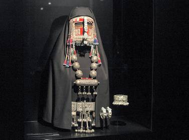 DUBAI, UNITED ARAB EMIRATES -A jewelry ensemble, headpiece, necklace, bangles and waist belt on display at the Hidden Treasures, a look at early 20th century Saudi Arabia jewelry, show how diverse the different regions fashion was. Leslie Pableo for The National