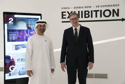 Sheikh Mohamed bin Zayed with Serbian President Aleksandar Vucic during a visit to the Serbia pavilion. Ryan Carter for the Ministry of Presidential Affairs