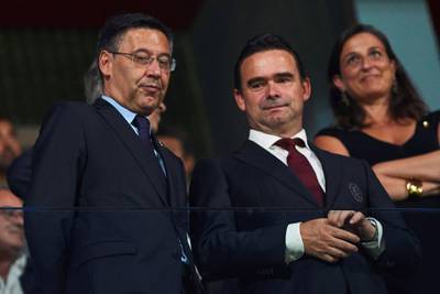 Barcelona's president Josep Maria Bartomeu and Ajax's sports director Marc Overmars. EPA