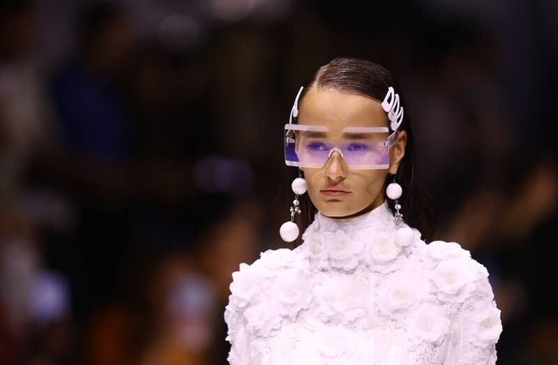A model in all-white at the Amato show. Getty Images