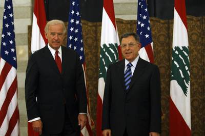 US Vice President Joe Biden (L) meets with Lebanese Prime Minister Fuad Siniora at the governmental palace in Beirut on May 22, 2009. Biden said that Washington will determine its aid to Lebanon based on the outcome of a tightly contested legislative election that the Islamist group Hezbollah could win. AFP PHOTO/JOSEPH BARRAK (Photo by JOSEPH BARRAK / AFP)