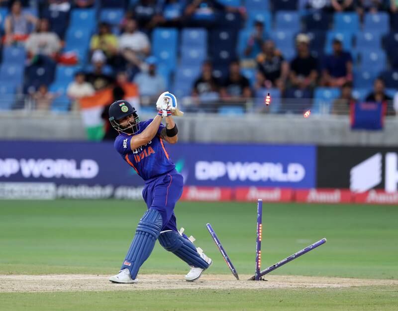 Sri Lanka's Dilshan Madushanka bowls India's Virat Kohli for a duck in the Asia Cup 2022 game at Dubai International Stadium on Tuesday, September 6. Chris Whiteoak / The National