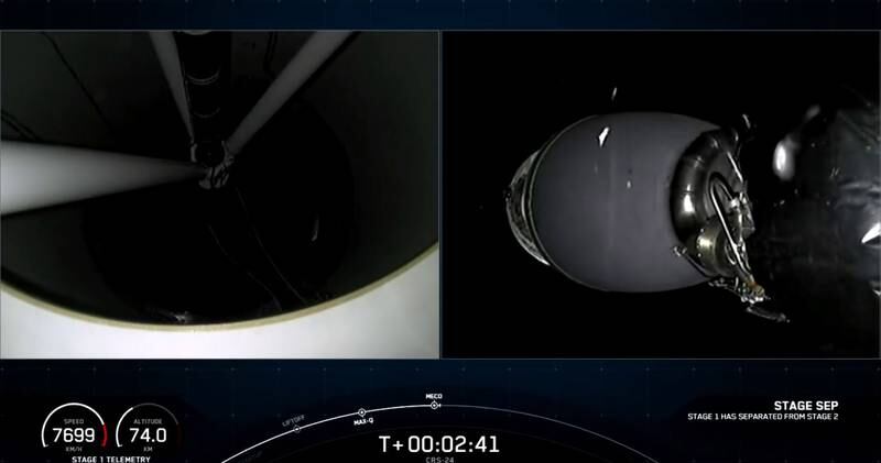 A screengrab showing Falcon 9’s launch of its 24th Commercial Resupply Services (CRS-24) mission, carrying a UAE-Bahraini miniature satellite, to the International Space Station.