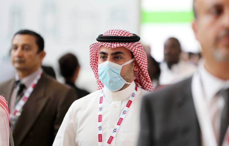 DUBAI, UNITED ARAB EMIRATES , Jan 29  – 2020 :- Mohammed Al Ghamdi, Reference Lab Manager, Saudi Diagnostics Limited, Saudi Arabia wearing protective face mask at the Arab Health conference held at Dubai World Trade Centre in Dubai. ( Pawan  Singh / The National ) For News/Online