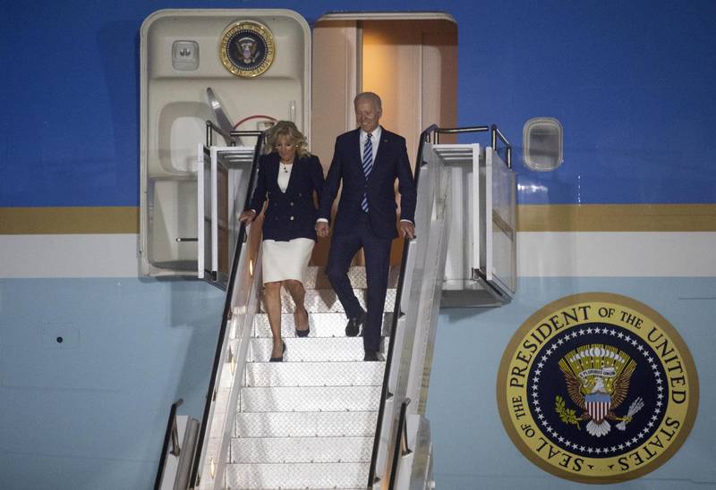 US President Joe Biden and First Lady Jill Biden arrive in Newquay. Bloomberg