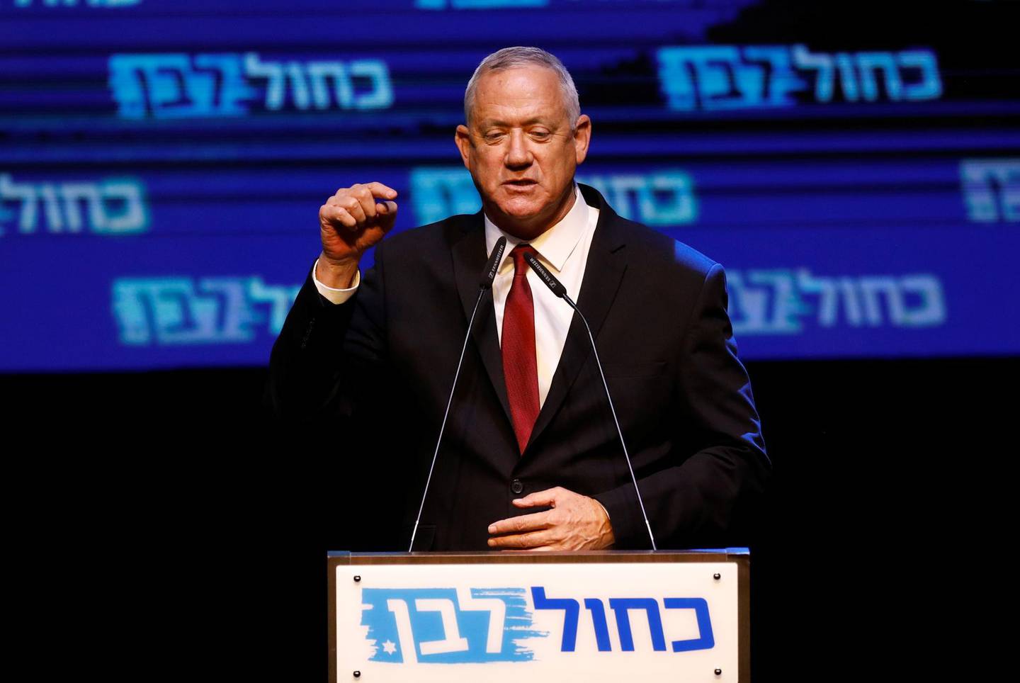 Blue and White party leader Benny Gantz reacts at the party's headquarters following the announcement of exit polls during Israel's parliamentary election in Tel Aviv, Israel September 18, 2019. REUTERS/Amir Cohen