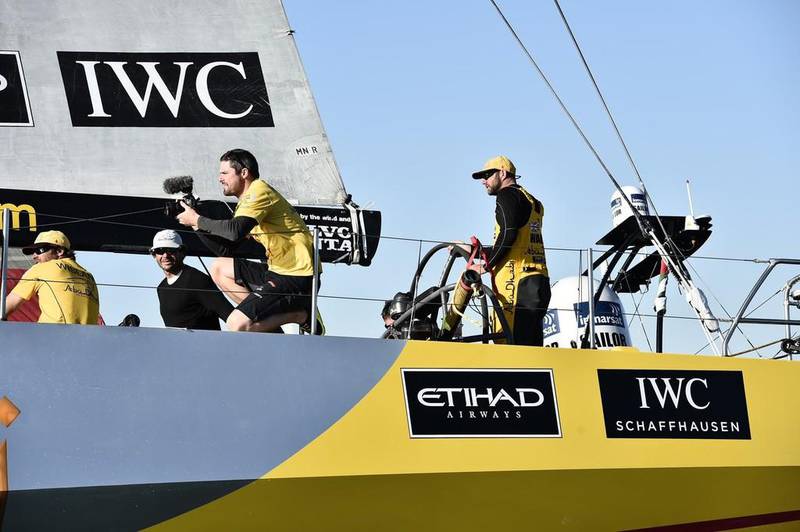 Abu Dhabi Ocean Racing's Azzam shown as it finished leg 7 of the Volvo Ocean Race on Wednesday in Lisbon, Portugal. Ricardo Pinto / Volvo Ocean Race / May 27, 2015