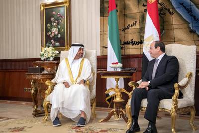 CAIRO, EGYPT - May 15, 2019: HH Sheikh Mohamed bin Zayed Al Nahyan Crown Prince of Abu Dhabi Deputy Supreme Commander of the UAE Armed Forces (L), meets with HE Abdel Fattah El-Sisi President of Egypt (R), at Cairo.

(  Saeed Al Neyadi / Ministry of Presidential Affairs )
---