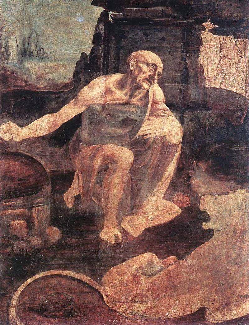 'St Jerome in the Wilderness' (1480). The unfinished painting depicts Saint Jerome during a retreat to the Syrian desert where he lived his life as a hermit. It is housed in the Vatican Museums in Rome, Italy
