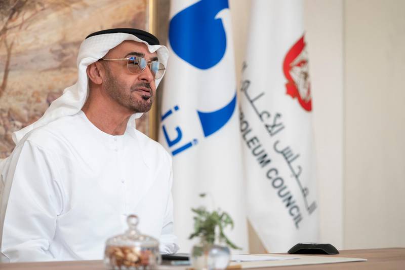 Sheikh Mohamed bin Zayed, Crown Prince of Abu Dhabi and Deputy Supreme Commander of the Armed Forces, presides over a Supreme Petroleum Council meeting on Sunday. Courtesy: Sheikh Mohamed bin Zayed Twitter