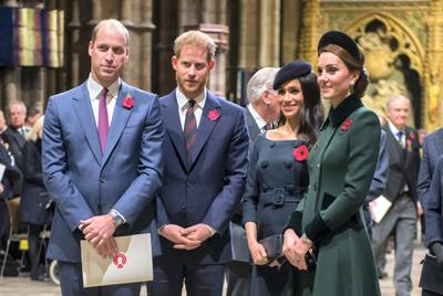 LONDON, ENGLAND - NOVEMBER 11: Prince William, Duke of Cambridge and Catherine, Duchess of Cambridge, Prince Harry, Duke of Sussex and Meghan, Duchess of Sussex attend a service marking the centenary of WW1 armistice at Westminster Abbey on November 11, 2018 in London, England. The armistice ending the First World War between the Allies and Germany was signed at CompiÃ¨gne, France on eleventh hour of the eleventh day of the eleventh month - 11am on the 11th November 1918. This day is commemorated as Remembrance Day with special attention being paid for this yearÂ’s centenary.  (Photo by Paul Grover- WPA Pool/Getty Images)