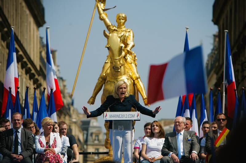 Marine Le Pen delivers a speech during the party's annual celebration of Joan of Arc in May 2011 in Paris.