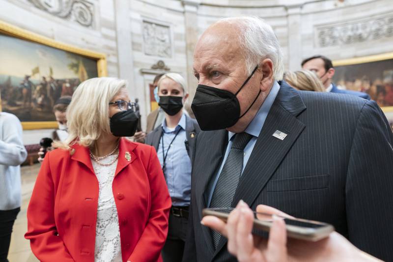 Former US vice president Dick Cheney with his daughter Liz Cheney, Republican US Representative, in the Capitol Rotunda in Washington. AP