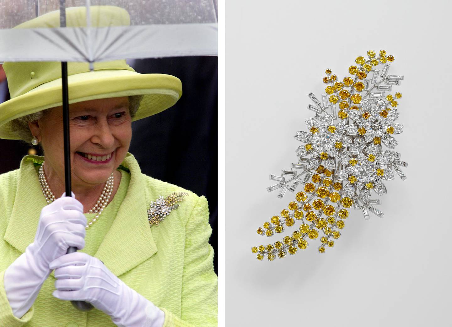 Queen Elizabeth II wearing the Australian Wattle brooch. AFP, Royal Collection Trust