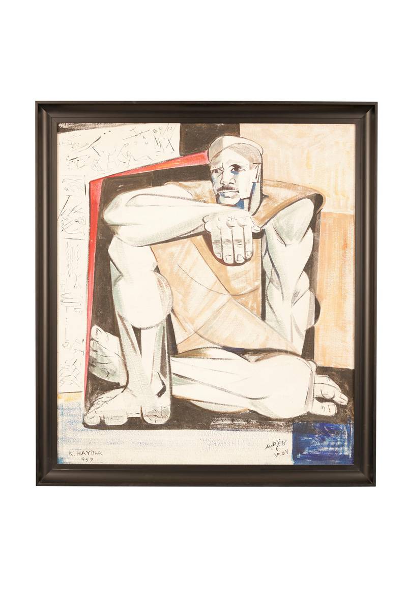 Kadhim Hayder's 'He Told Us How It Happened' (1957) shows an Iraqi labourer boxed in and suppressed by the Hashemite monarchy. Courtesy Barjeel Art Foundation