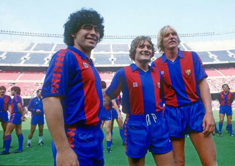 Diego Armando Maradona, Allan Simonsen and Bernd Schuster, at the presentation of the Barcelona squad for the 1982-1983 season, held at the Camp Nou, Barcelona, Spain, on July 28, 1982. Getty Images