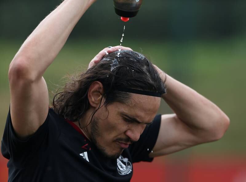 MANCHESTER, ENGLAND - SEPTEMBER 06: (EXCLUSIVE COVERAGE) Edinson Cavani of Manchester United in action during a first team training session at Carrington Training Ground on September 06, 2021 in Manchester, England. (Photo by Matthew Peters/Manchester United via Getty Images)