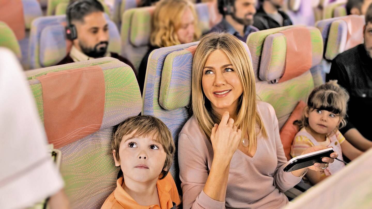 A handout photo of Jennifer Aniston and her young co-star Cooper onboard the A380 in the new Emirates TVC (Courtesy: Emirates) *** Local Caption ***  on06oc-scene-aniston.jpg