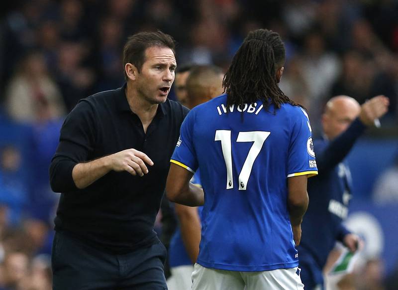 Everton manager Frank Lampard gives instructions to Alex Iwobi. Reuters