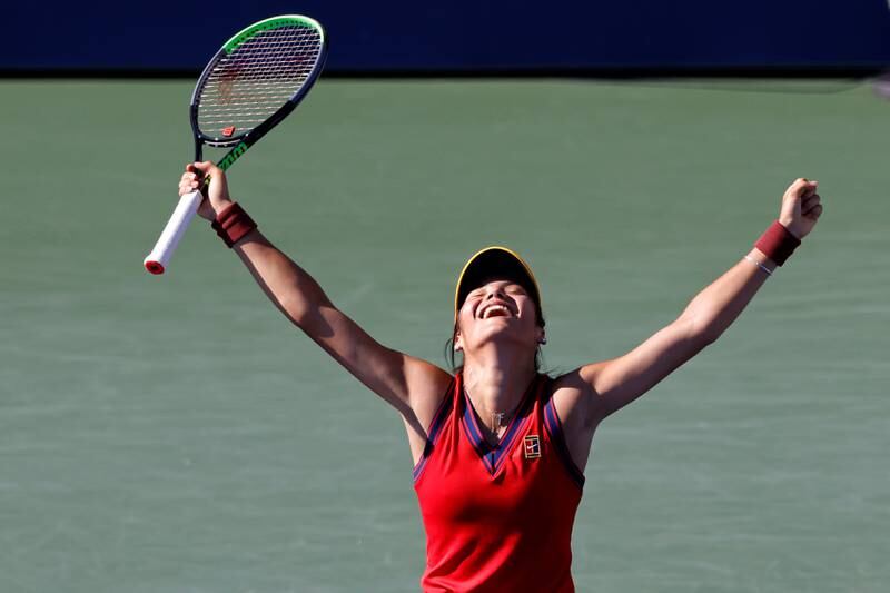 British teenager Emma Raducan celebrates her win over Sara Sorribes Tormo of Spain at the US Open at Flushing Meadows in New York on Saturday, August 4. USA TODAY Sports