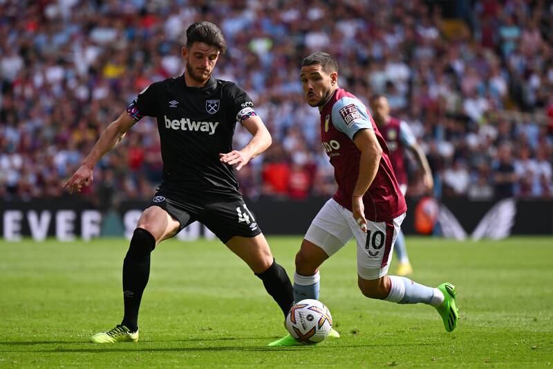 Declan Rice of West Ham United battles for possession with Emi Buendia of Aston Villa. Getty Images